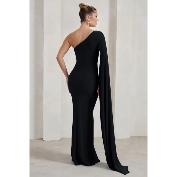 Romi | Robe longue asymétrique noir à motif torsadé