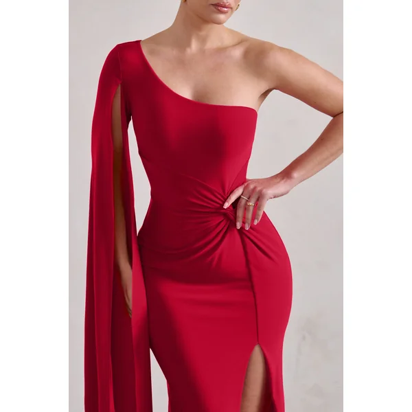 Romi | Robe longue asymétrique rouge à motif torsadé