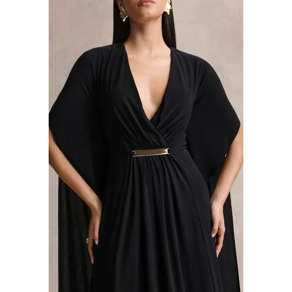 Romilly | Robe longue noire à décolleté plongeant avec détails froncés
