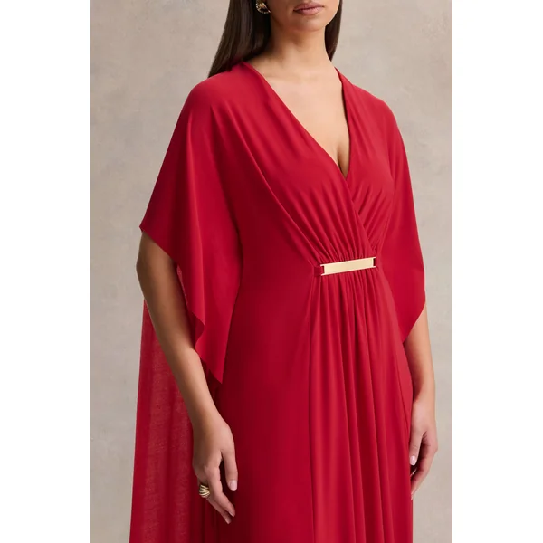 Romilly | Robe longue rouge à décolleté plongeant avec détails froncés