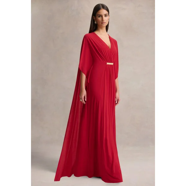Romilly | Robe longue rouge à décolleté plongeant avec détails froncés