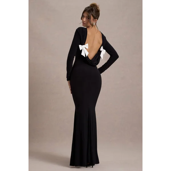 Rosalee | Robe longue noire à manches longues dos bénitier fente et nœuds