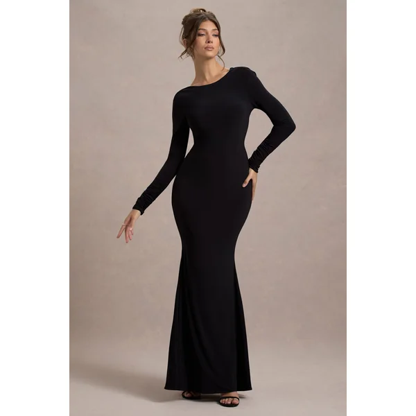 Rosalee | Robe longue noire à manches longues dos bénitier fente et nœuds