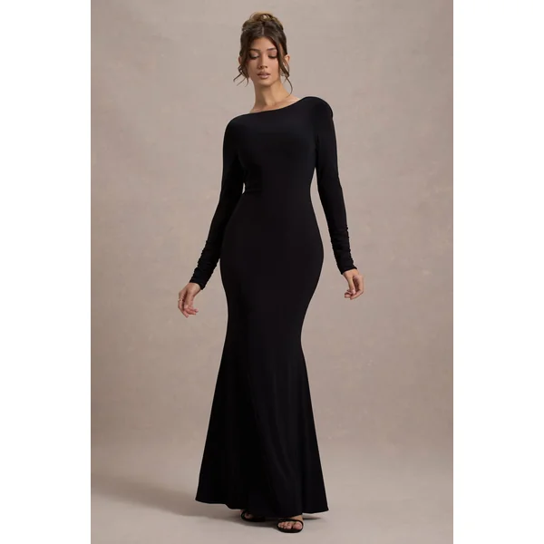 Rosalee | Robe longue noire à manches longues dos bénitier fente et nœuds