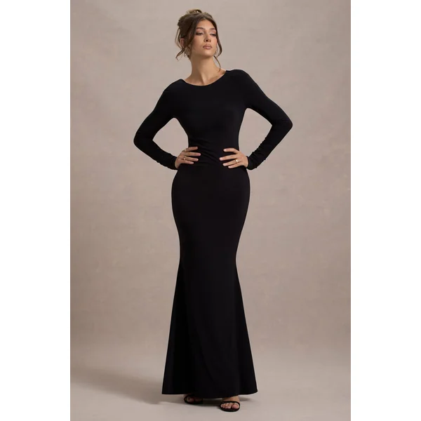 Rosalee | Robe longue noire à manches longues dos bénitier fente et nœuds