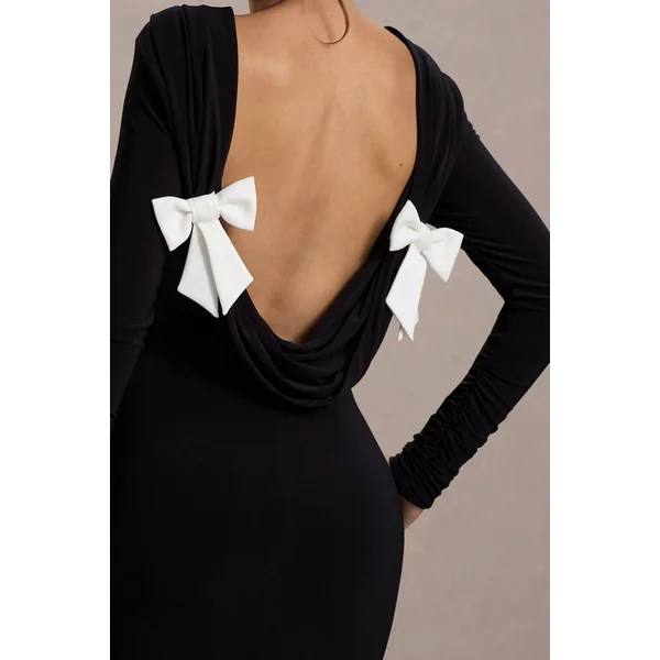 Rosalee | Robe longue noire à manches longues dos bénitier fente et nœuds