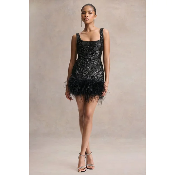 Rosalinda | Mini-robe noire à sequins col carré avec bordure en plumes