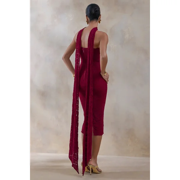 Rosaria | Robe mi-longue bandeau en dentelle bordeaux avec détail écharpe
