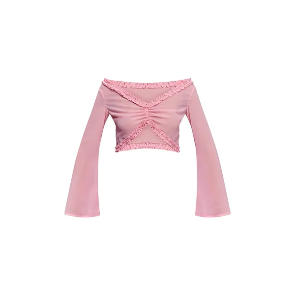 Rose Blouse Transparente À Manches Courtes Et Ourlet À Volants