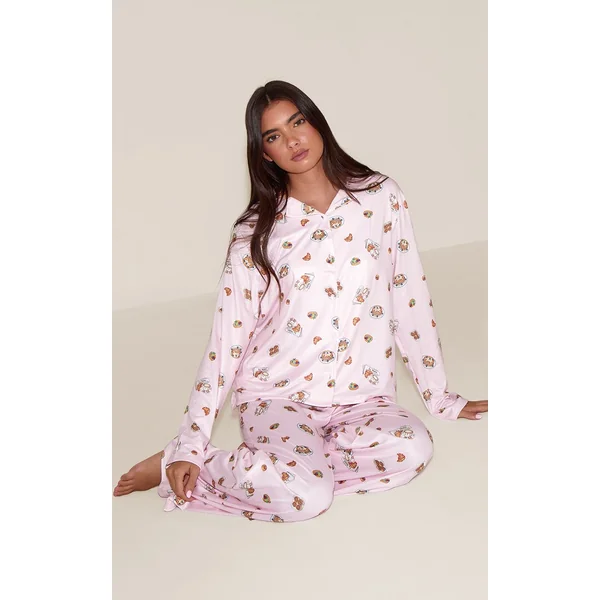 Rose Cendré Ensemble De Pyjama Imprimé À Manches Longues Avec Boutonnage
