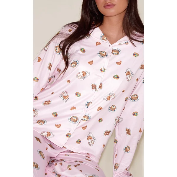 Rose Cendré Ensemble De Pyjama Imprimé À Manches Longues Avec Boutonnage