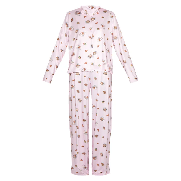 Rose Cendré Ensemble De Pyjama Imprimé À Manches Longues Avec Boutonnage