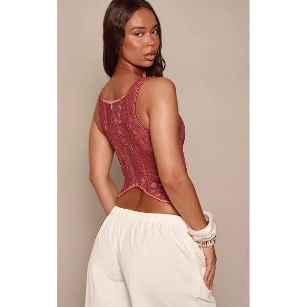 Rose Corset À Encolure Carrée En Voile Texturé À Motifs Floraux