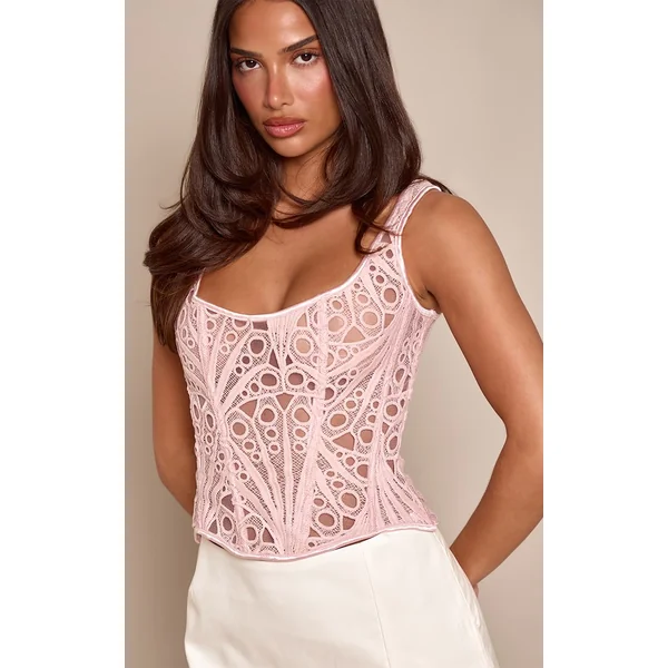 Rose Pâle Corset À Encolure Carrée En Voile Texturé À Motifs Floraux