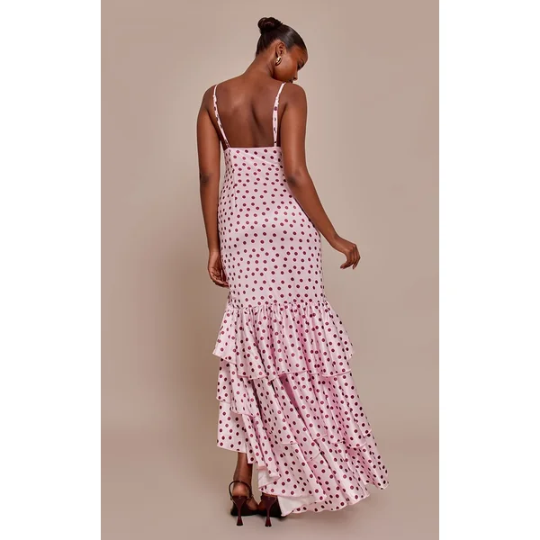 Rose Robe Longue En Satin À Pois Avec Décolleté Plongeant Et Ourlet À Volants Extrêmes