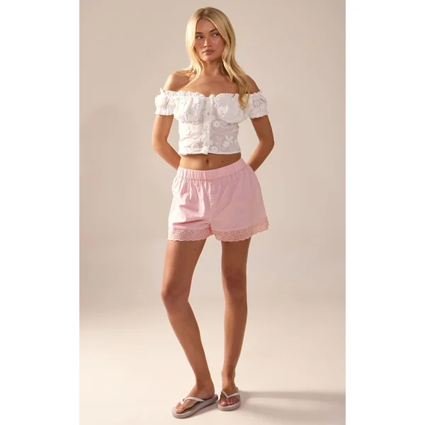Rose Short En Coton Avec Détails Broderie Anglaise