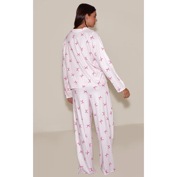 Rose Tendre Ensemble De Pyjama Imprimé À Manches Longues Avec Boutonnage