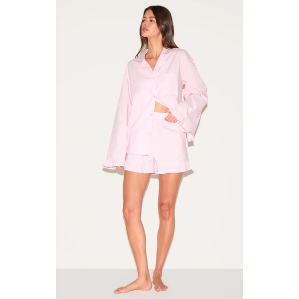 Rose Tendre Ensemble Pyjama Court En Popeline De Coton À Ourlet À Volants