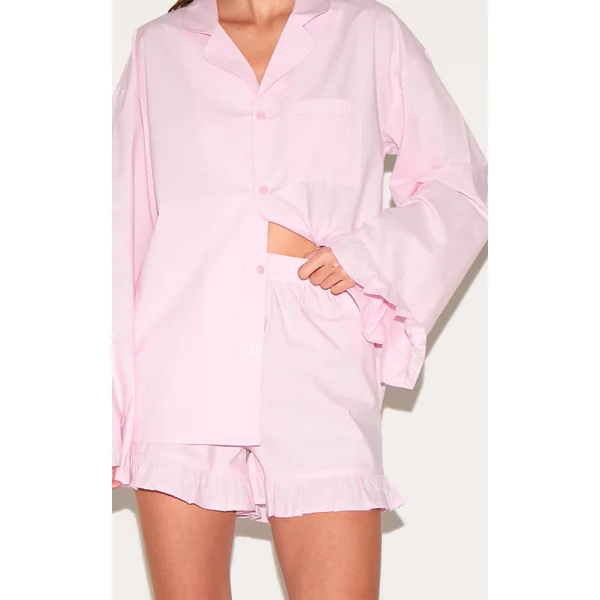 Rose Tendre Ensemble Pyjama Court En Popeline De Coton À Ourlet À Volants