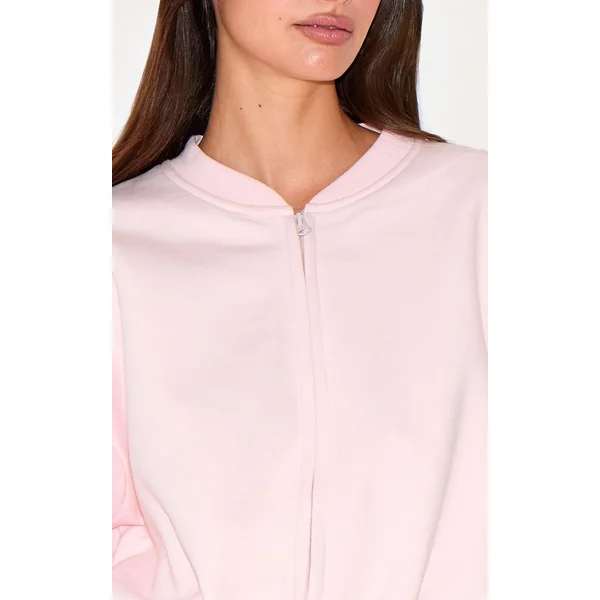 Rose Tendre Sweat-shirt Court Zippé Avec Cordon De Serrage À La Taille