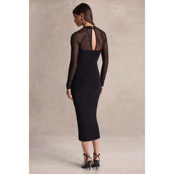 Rosetta | Robe mi-longue noire à décolleté cœur avec manches transparentes