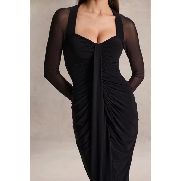 Rosetta | Robe mi-longue noire à décolleté cœur avec manches transparentes