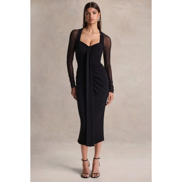 Rosetta | Robe mi-longue noire à décolleté cœur avec manches transparentes