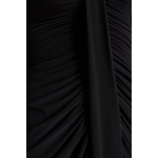 Rosetta | Robe mi-longue noire à décolleté cœur avec manches transparentes