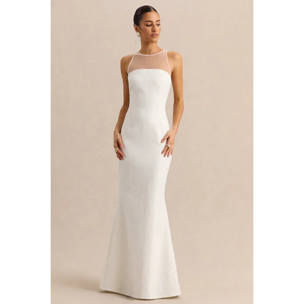 Rosevine | Robe longue blanche en dentelle à col rond avec empiècement en tulle