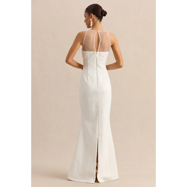 Rosevine | Robe longue blanche en dentelle à col rond avec empiècement en tulle