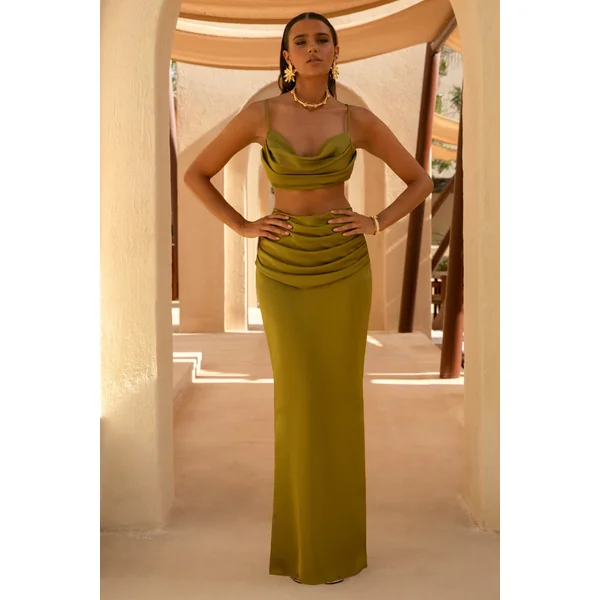 Rosita | Jupe longue froncée vert kaki