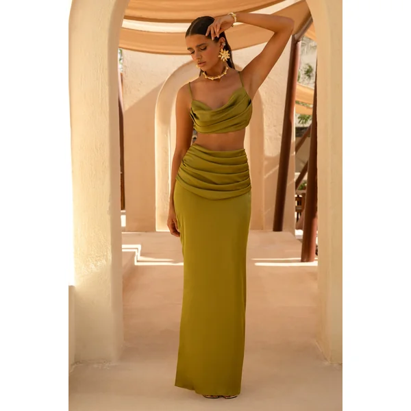 Rosita | Jupe longue froncée vert kaki