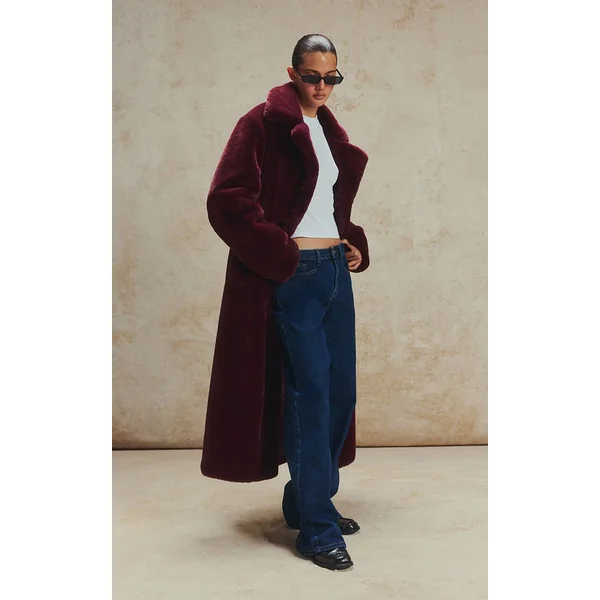 Rouge Cerise Manteau Long En Synthétique Avec Ceinture À Nouer