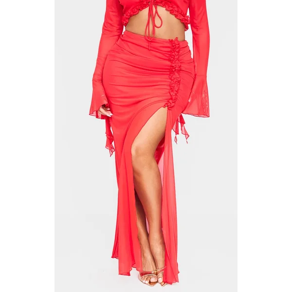 Rouge Jupe Longue Shape Taille Basse À Détails Volantés Et Fente Latérale
