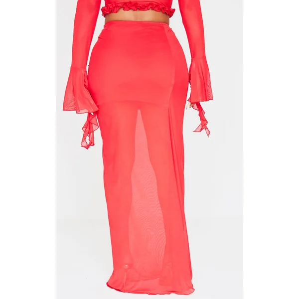 Rouge Jupe Longue Shape Taille Basse À Détails Volantés Et Fente Latérale