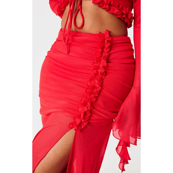 Rouge Jupe Longue Shape Taille Basse À Détails Volantés Et Fente Latérale