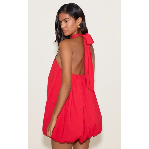 Rouge Robe Mini Bouffante Imprimée À Col Licou