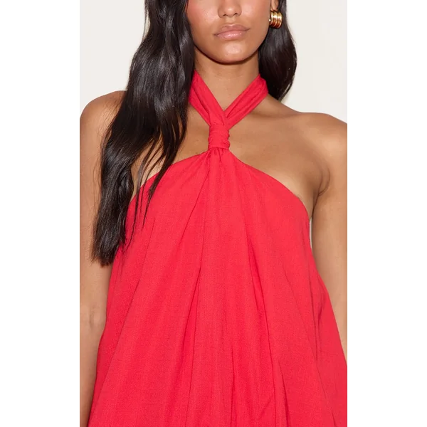Rouge Robe Mini Bouffante Imprimée À Col Licou