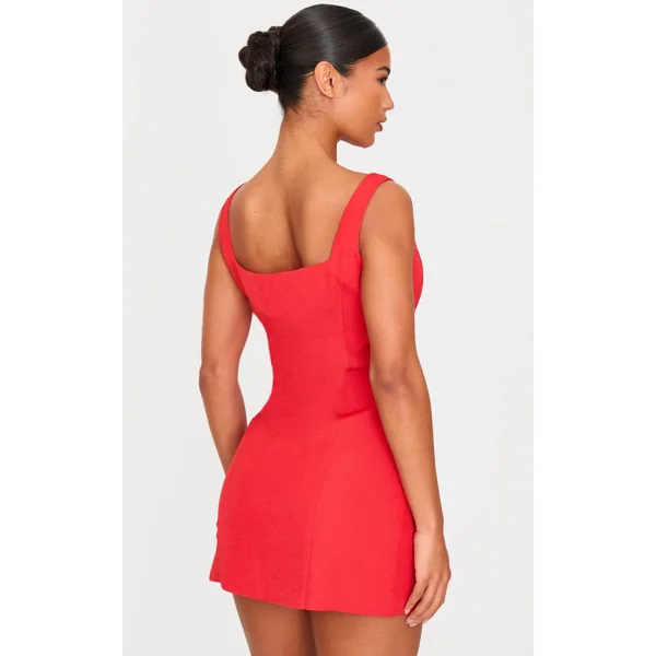 Rouge Robe Mini Tissée Col Montant Avec Nœud