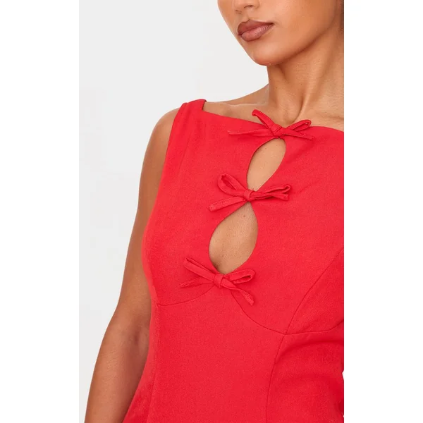 Rouge Robe Mini Tissée Col Montant Avec Nœud