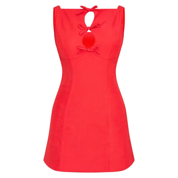 Rouge Robe Mini Tissée Col Montant Avec Nœud