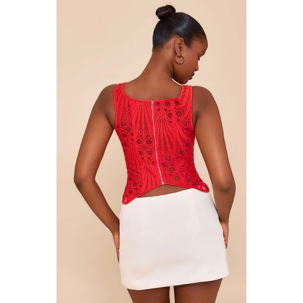 Rouge Tomate Corset À Encolure Carrée En Voile Texturé À Motifs Floraux