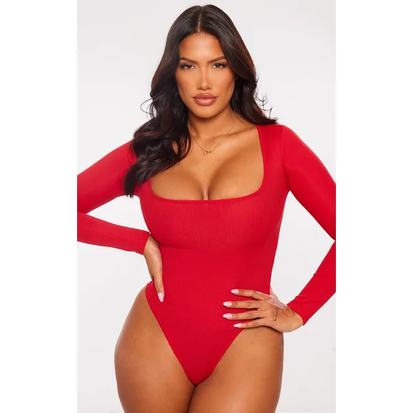 Rouge Vif Body Côtelé À Manches Longues Et Encolure Carrée Shape