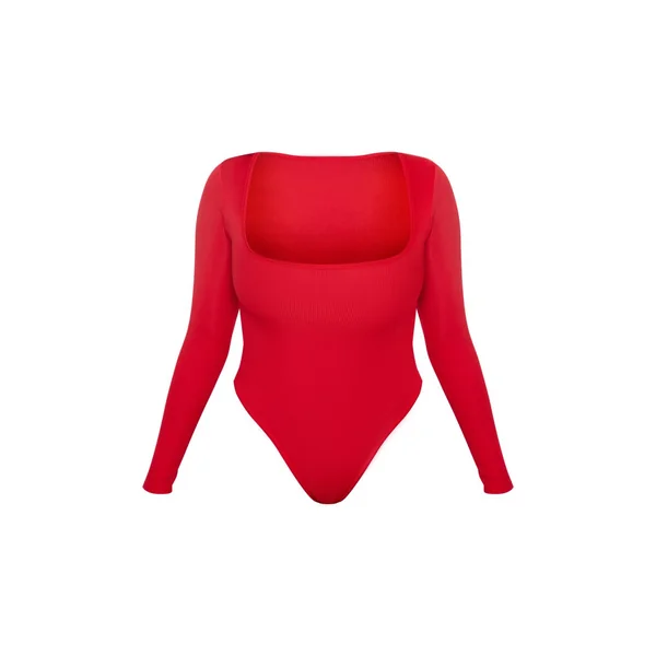 Rouge Vif Body Côtelé À Manches Longues Et Encolure Carrée Shape