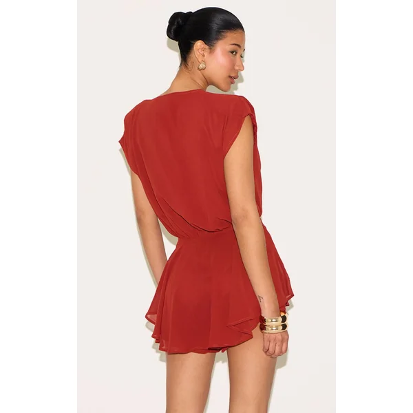 Rouille Combinaison-short En Mousseline Décolleté Plongeant Extrême Et Coupe Fluide