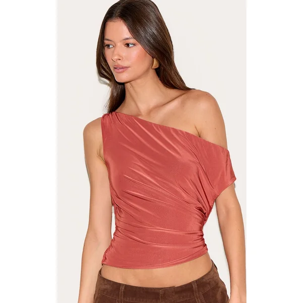 Rouille Haut Long À Col Bénitier Avec Manches Torsadées En Tissu Slinky Double Épaisseur