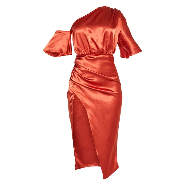 Rouille Robe Midi En Satin À Une Épaule Avec Jupe Froncée