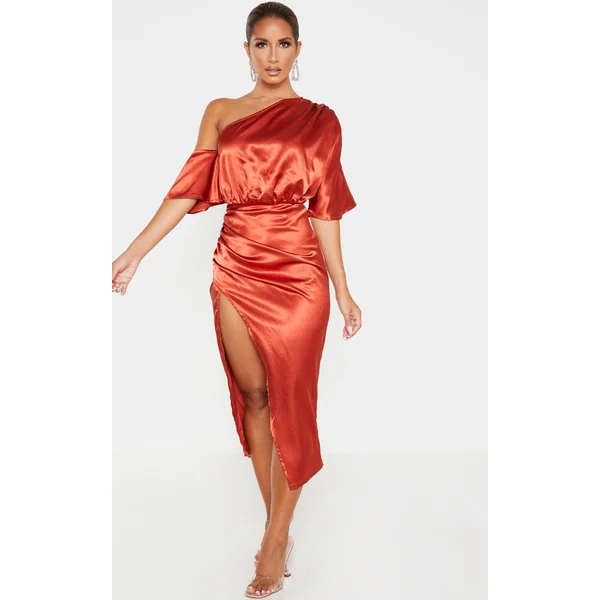 Rouille Robe Midi En Satin À Une Épaule Avec Jupe Froncée