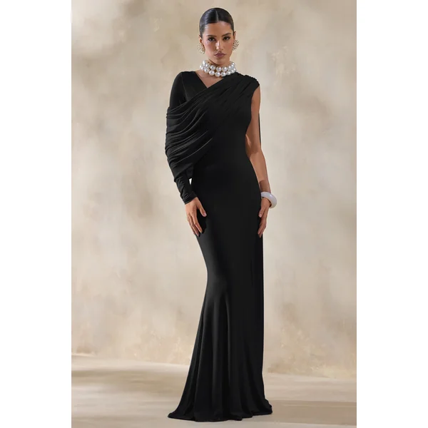 Rubelle | Robe longue noire à encolure asymétrique avec détails drapés