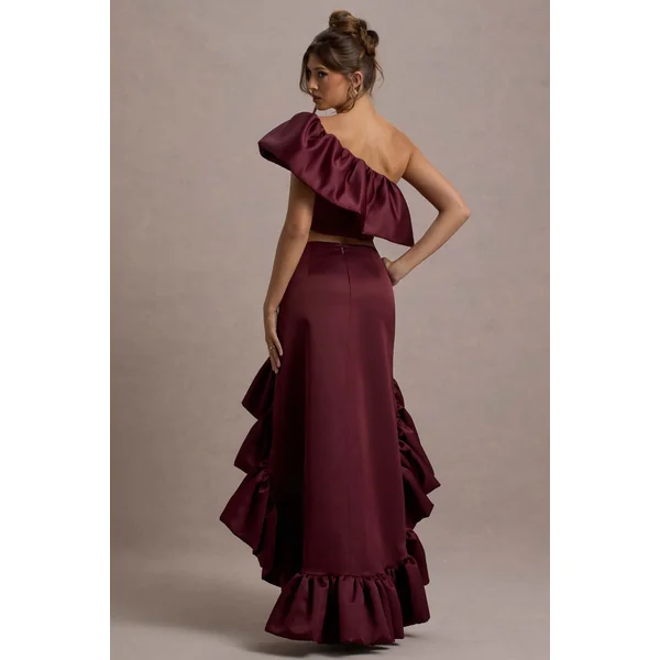 Ruby | Jupe longue asymétrique en satin merlot